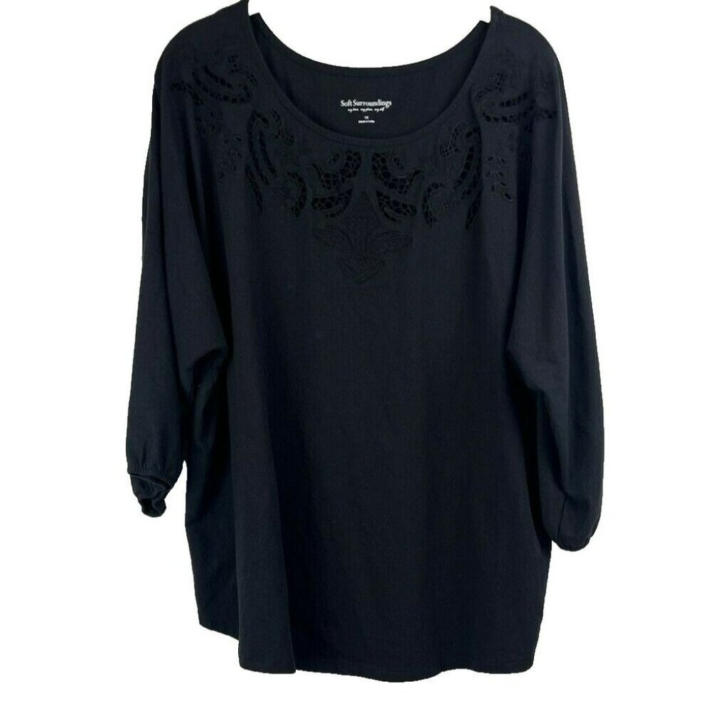 Soft Surroundings Women's Top 1X Solid‎ Black 3/4 Puff Sleeve Lace Cotton Blend